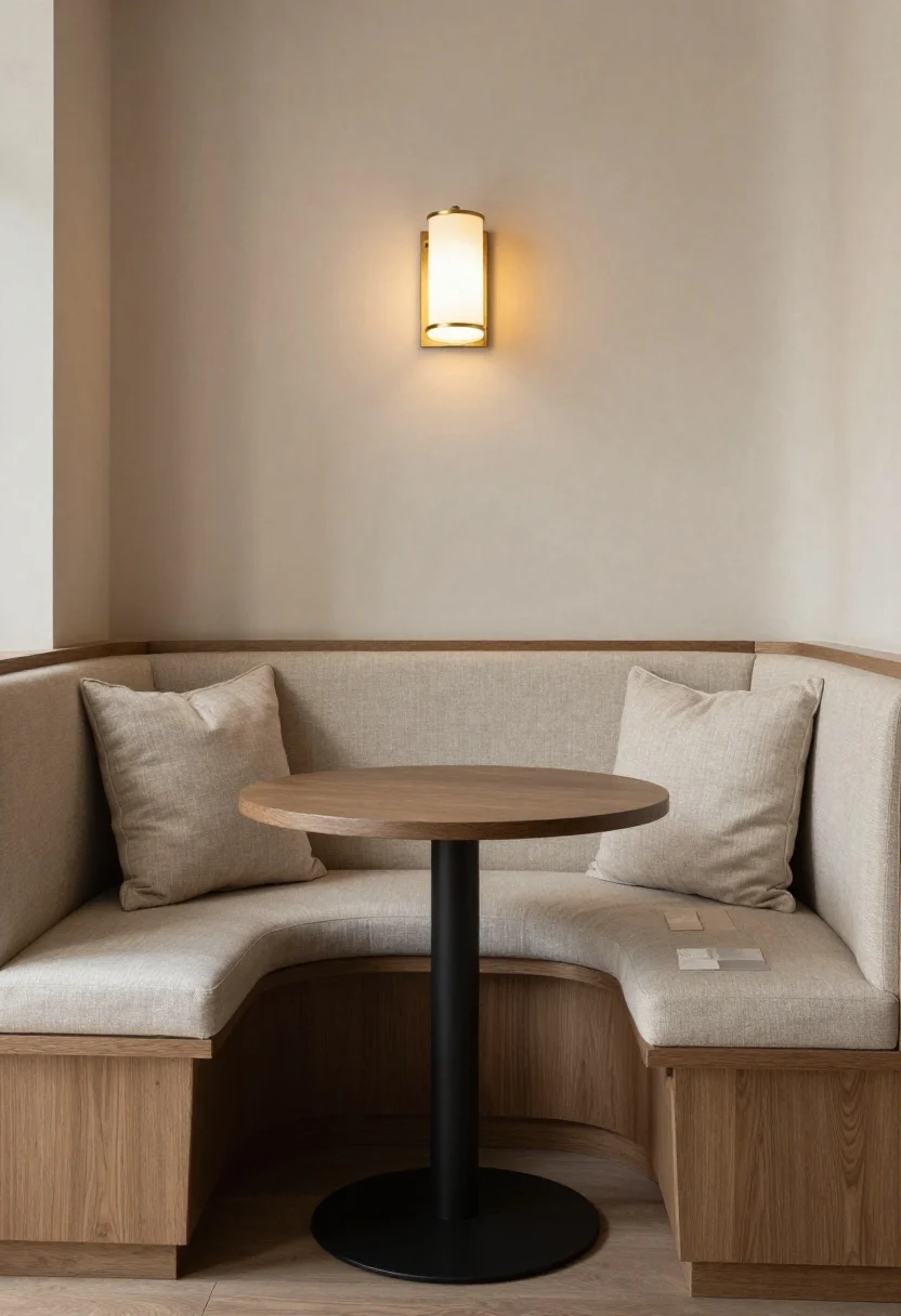 Medium shot of a cozy corner banquette in a dining nook: L-shaped bench with rounded inside corner and flip-top, hinged seat lids slightly ajar to reveal neatly stored linens and puzzles; upholstered indoor–outdoor cushions in a wipeable fabric, a round pedestal café table centered for easy slide-in, a plug-in wall sconce above casting warm café glow; add a simple wainscot or fabric-backed wall panel behind for protection; soft neutral palette with warm wood base, brass sconce detail, subtle shadowing, no people