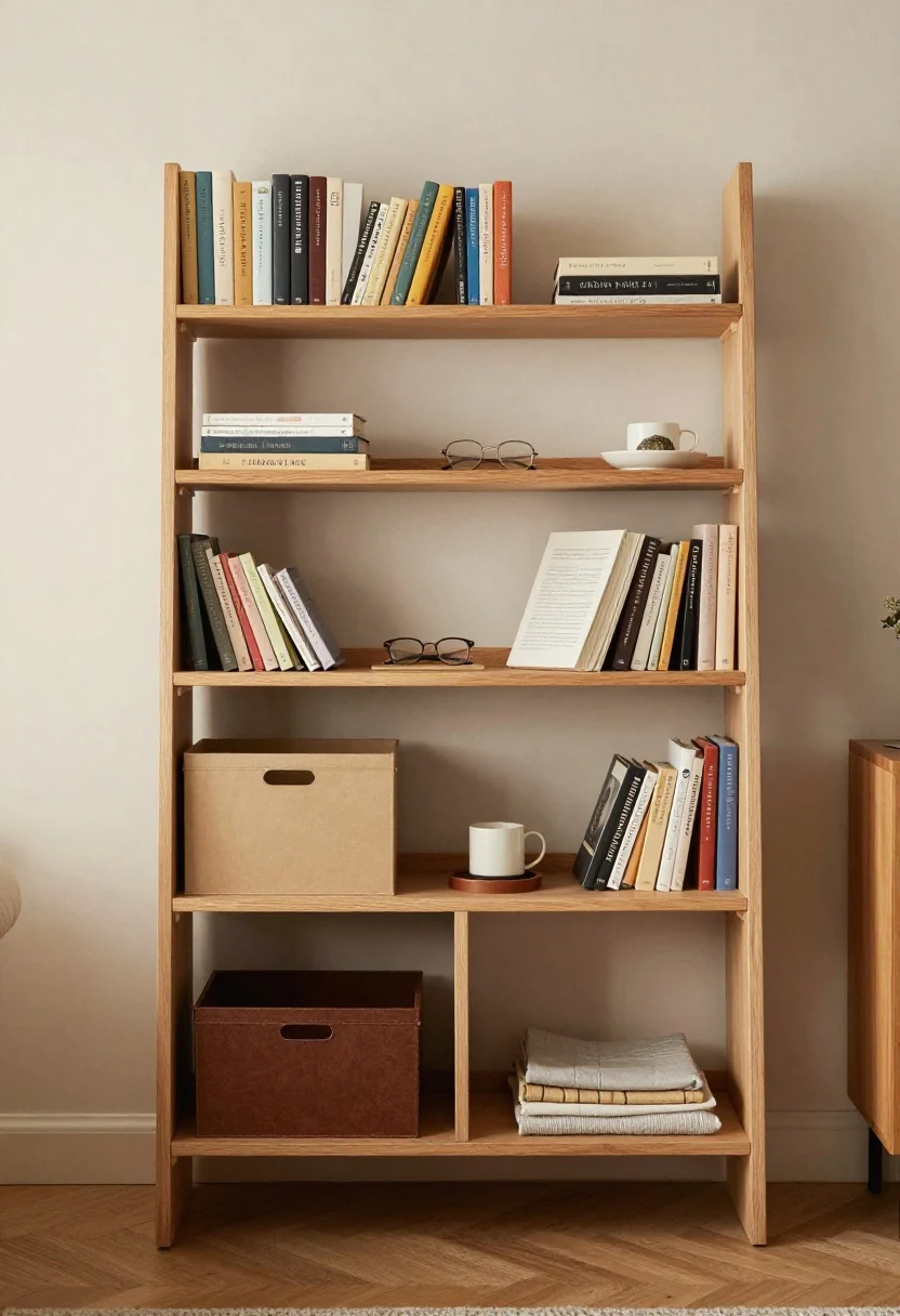Medium shot of vertical storage: A slim ladder shelf beside the reading seat, styled with a “staging area” middle shelf holding the current read, glasses, and a tiny dish for bookmarks; mixed closed bins on lower levels for clutter and open shelves showcasing favorite books. Add staggered wall-mounted picture ledges above for a gallery-meets-library vibe, a rolling cart tucked next to the chair with a mug and a folded throw on the lower shelf, and a small tray corralling items. Soft warm indoor lighting; no people, photorealistic.