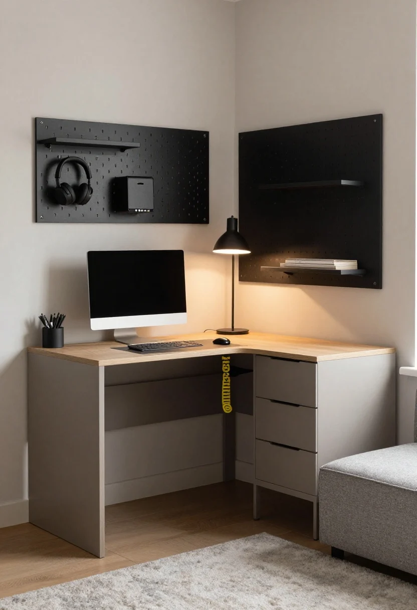 Medium, straight-on shot of a corner desk nook: an L-shaped corner desk with integrated drawers, a monitor on a floating arm clearing the work surface, a tidy tray with pens, adhesive cable raceways running down the corner seam and a desk grommet guiding cords for hidden tech storage; above, a slim pegboard/wall rail system with headphones, mail sorter, and a tiny shelf; task lamp illuminating the workspace, a soft rug framing the nook, muted modern palette with matte finishes and minimal cable visibility