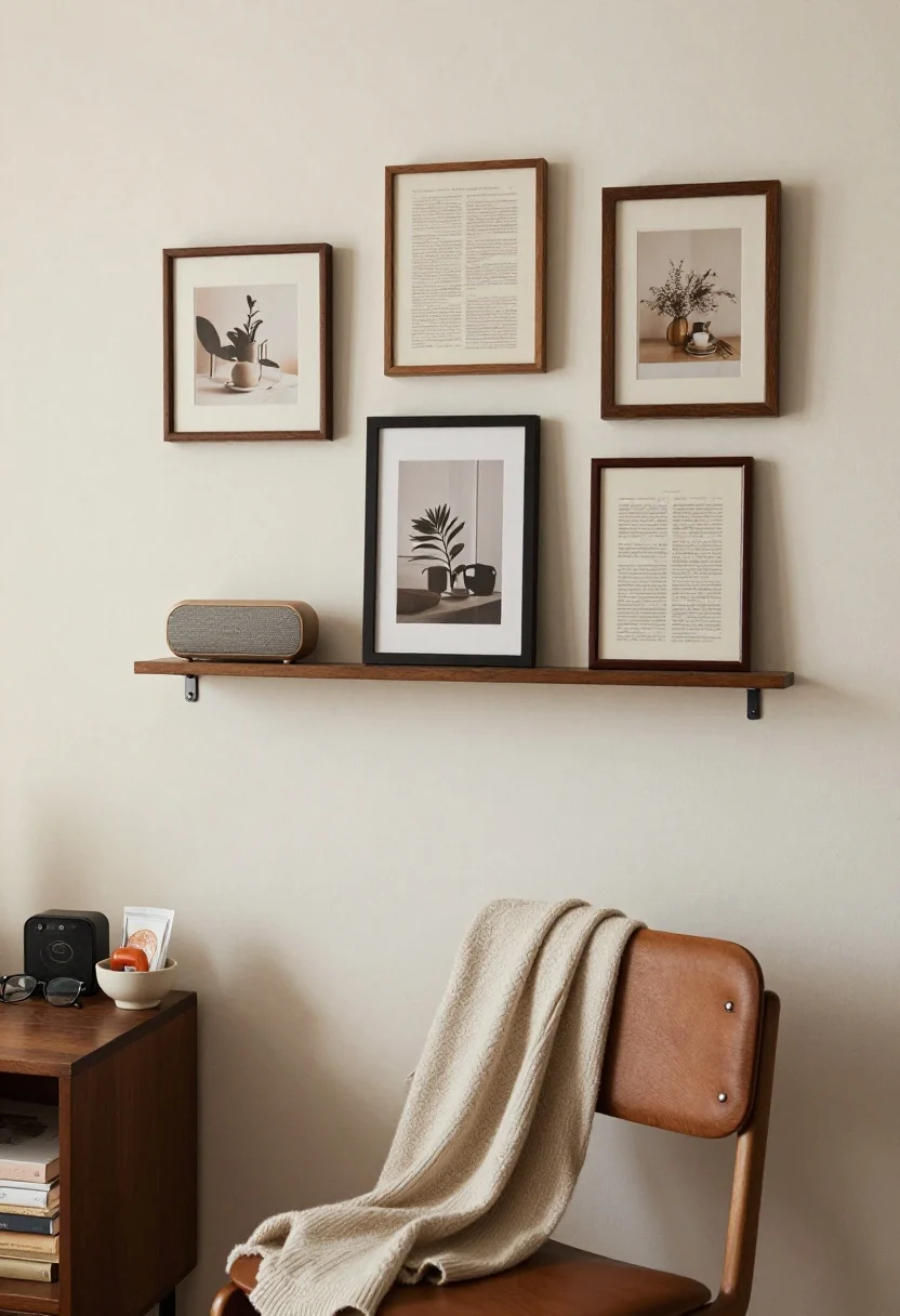 Medium wall-and-seat vignette: A personalized nook with a micro gallery wall of 3–5 small frames (bookish prints and a framed page), hung with removable hooks; a compact Bluetooth speaker on a narrow ledge; a small ceramic catchall dish holding ritual items—tea bags, lip balm, glasses. A soft throw-on-the-shoulders sweater draped over the chair back, and a discreet timer on the side table. Cozy, warm ambient lighting, intimate mood; no people, photorealistic.