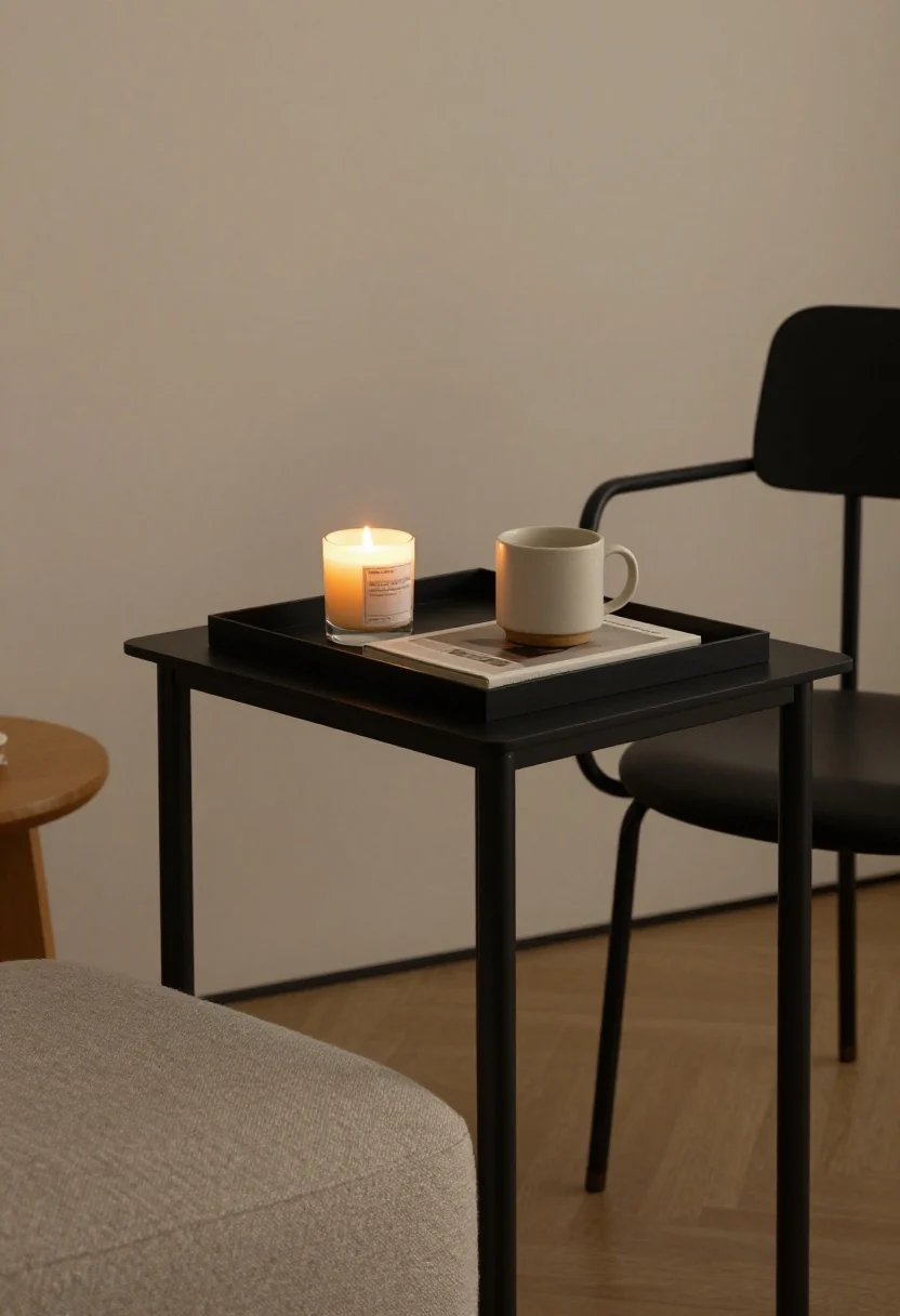 Overhead detail shot: A slim black metal C-table tucked under the chair’s arm-free side holding one lidded candle, one ceramic mug, and one book; a small round stool nearby doubling as an auxiliary surface. Include a tray atop a fabric ottoman as a cheat side table, and a nested table pair partially pulled out. Warm evening light with neat, editorial minimalism; no people, photorealistic.