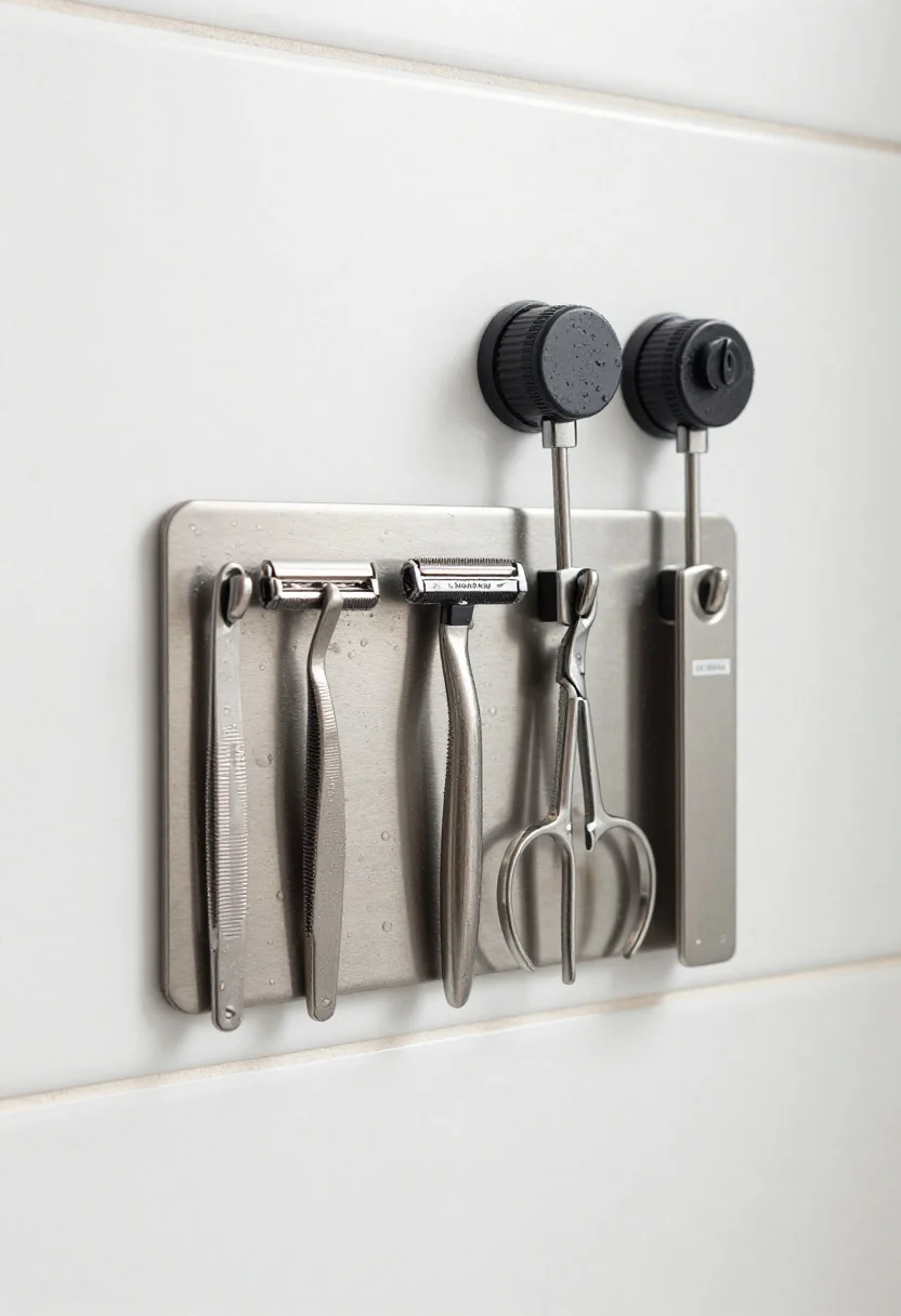 Photorealistic closeup detail shot of a magnetic strip system inside a small shower: a brushed stainless magnetic bar with adhesive steel plate on glossy white tile, holding rust-resistant metal tools—Tweezerman-style tweezers, stainless facial razor, and nail clippers—neatly arranged away from the direct spray zone. Nearby, two upside-down magnetic bottle holders suspend matching shampoo and conditioner with under-cap magnets; waterproof marker labels indicate contents. Soft, cool bathroom lighting, tiny beads of water on metal, no human presence.