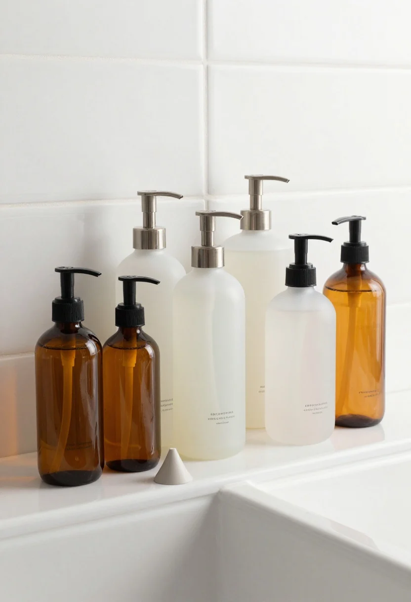 Photorealistic closeup of a tidy ledge styled with matching refillable pump bottles: frosted bottles for a spa look, plus an amber set for hair and a clear one for body products. Vary heights—taller bottles for shampoo/body wash, shorter for conditioner. Elegant metal pumps in brushed steel, crisp waterproof labels, a small funnel set nearby for refilling. Clean white tile backdrop, gentle daylight highlighting uniform lines and minimal visual clutter.
