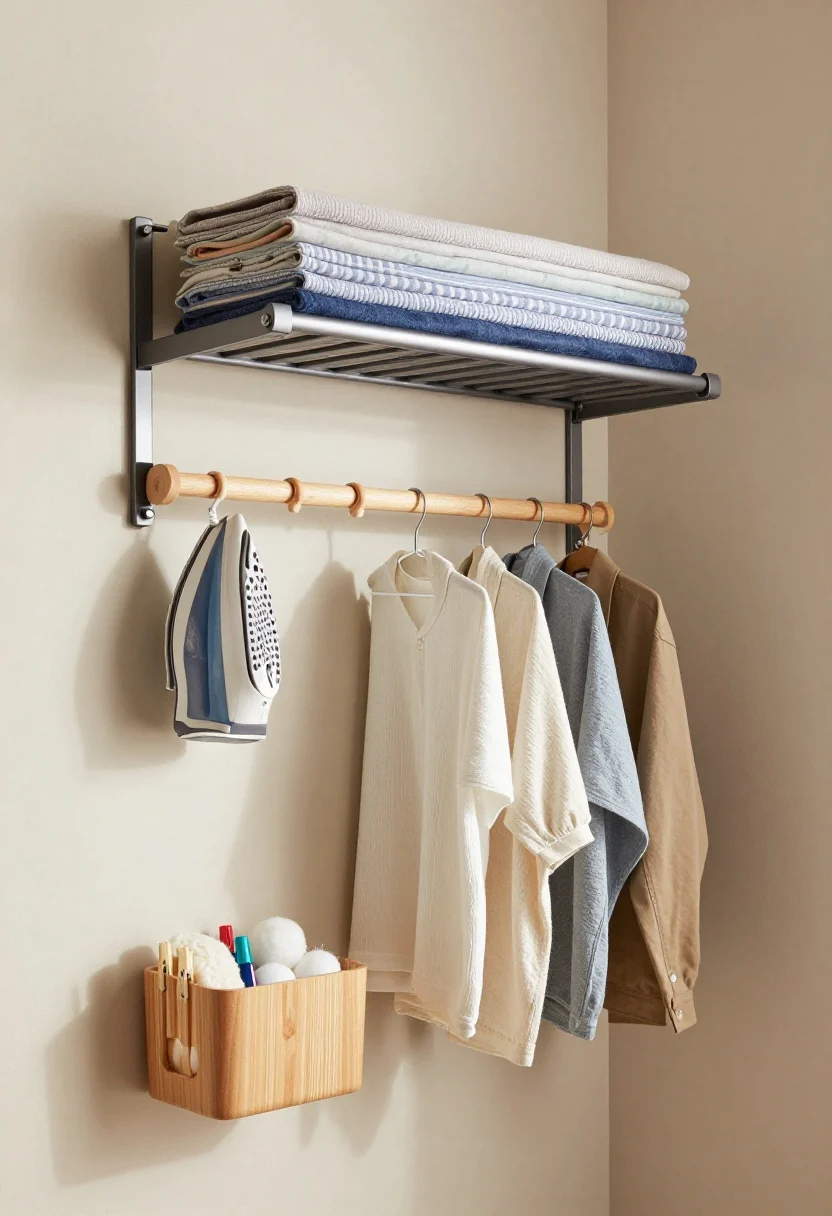 Photorealistic corner angle medium shot showing vertical storage in a small laundry: a wall-mounted fold-flat drying rack over a sunny wall, folded closed; a drop-down ironing station in matte/brushed hardware; a narrow wooden peg rail with delicates and reusable cloths hanging neatly; and an over-door organizer with baskets holding clothespins, wool dryer balls, and stain pens—discreet from the room view. Matte or brushed finishes throughout, soft daylight, utility-chic with warm wood accents.
