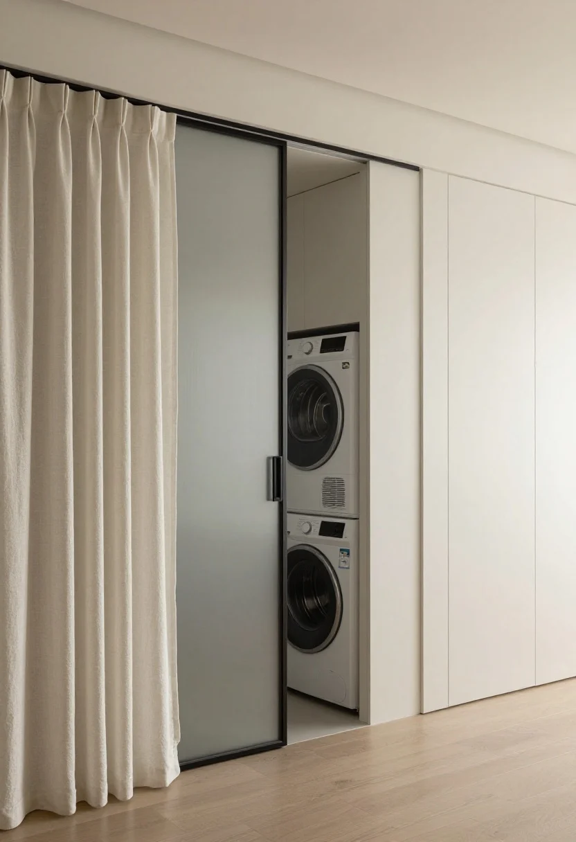 Photorealistic medium shot of a small laundry nook off a hallway, concealed by minimalist sliding pocket doors with frosted glass panels; the doors are partially closed, revealing just a hint of a stacked washer-dryer behind. Include an alternative panel track on the adjacent wall with a floor-to-ceiling heavy linen curtain in soft warm white, subtly textured, hanging from a minimalist ceiling-mounted track. Soft ambient hallway lighting, calm modern style, matte finishes, clean lines; focus on the visual barrier effect that hides clutter.