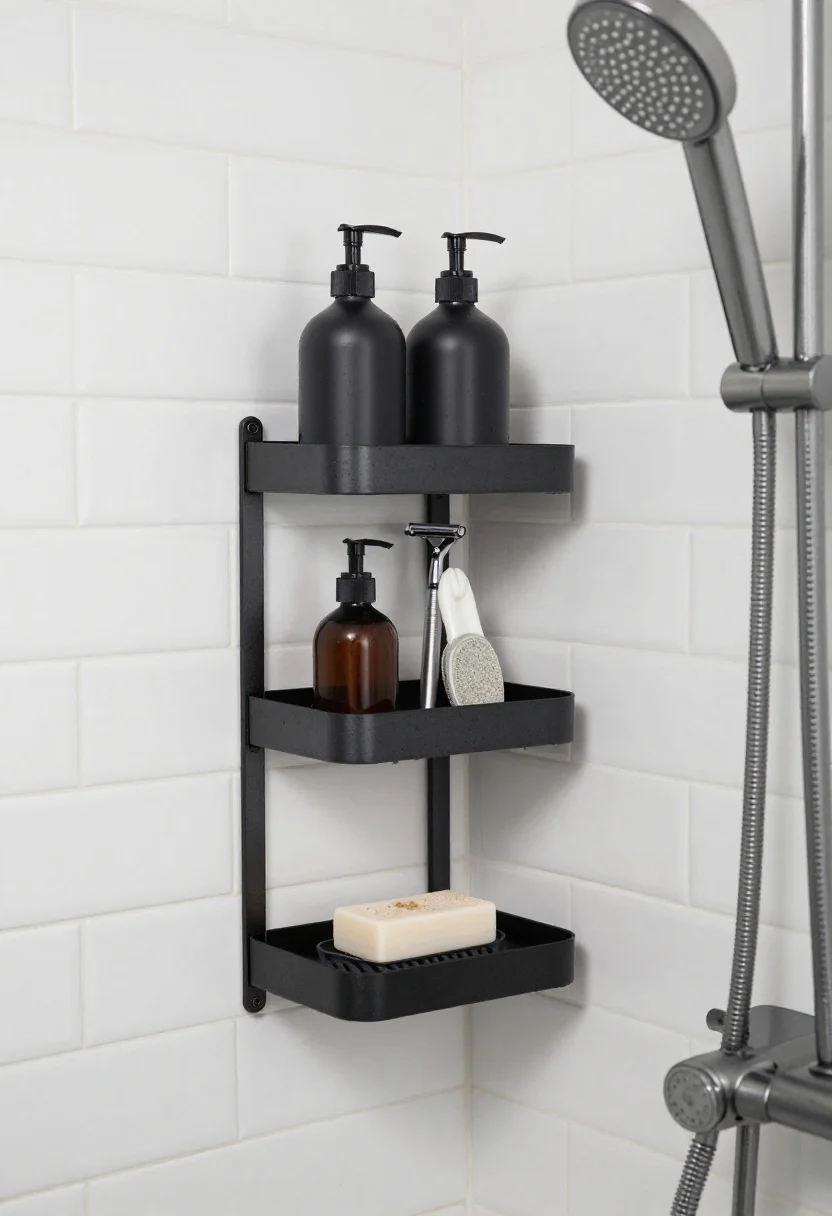 Photorealistic medium shot of a small shower corner featuring a matte black, rustproof stainless/aluminum tension corner caddy with adjustable tiered shelves; top shelf holds matching tall pump shampoo and conditioner, middle shelf a sleek body wash, bottom shelf razors and a pumice/foot scrub tool. Include a silicone slotted soap saver dish with a dry bar of soap. Subtle spa-like styling, clean white subway tile walls, chrome rainfall shower head out of frame, soft diffused daylight. Show a thin rubber pad shim at the base for stability; water droplets on tiles, no rust or clutter.