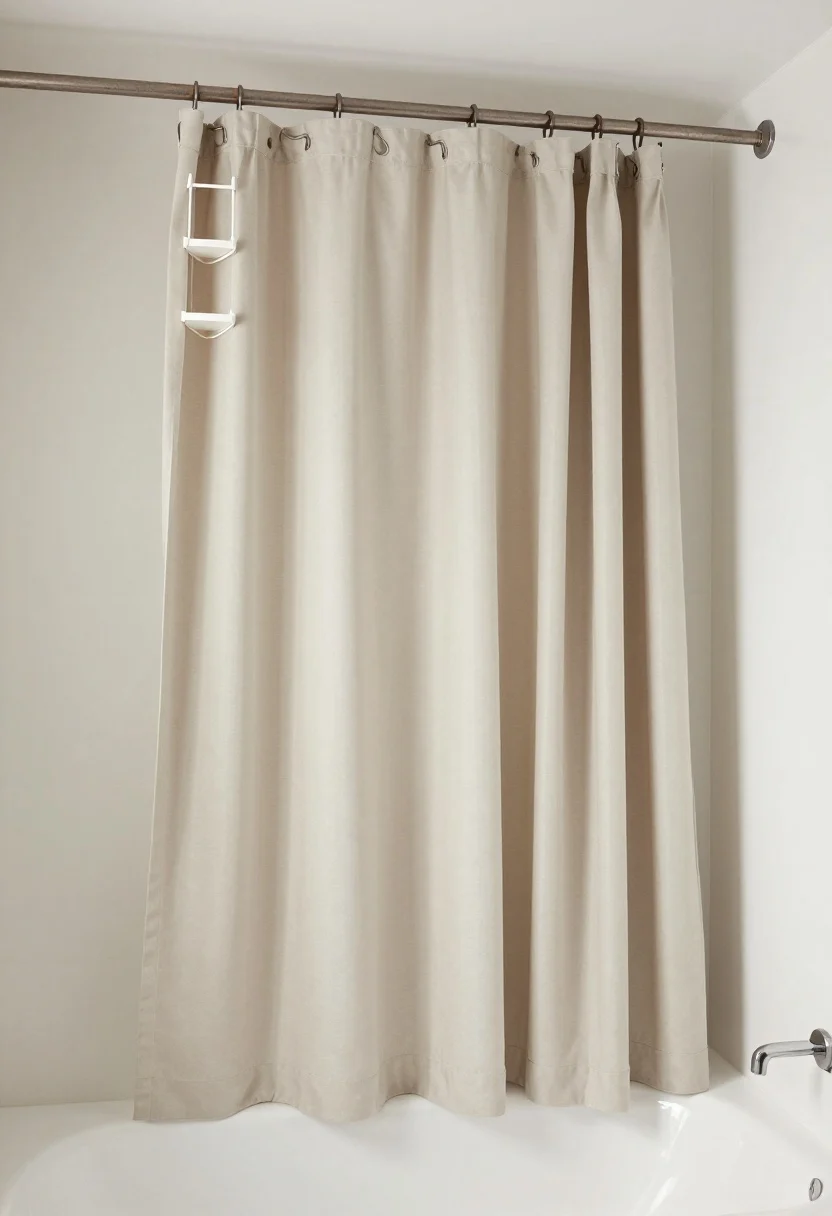 Photorealistic medium shot of a tub-shower with a double curtain rod: inner rod holds a mildew-resistant liner; outer rod hosts rustproof curtain hooks supporting a compact hanging caddy and a couple of lightweight items spaced evenly to prevent sag. Alternatively, show the liner with built-in pockets neatly storing extras, pockets kept above the tub edge. Weighted hems for a tailored drape, neutral fabric textures, balanced, bright bathroom lighting with soft reflections.