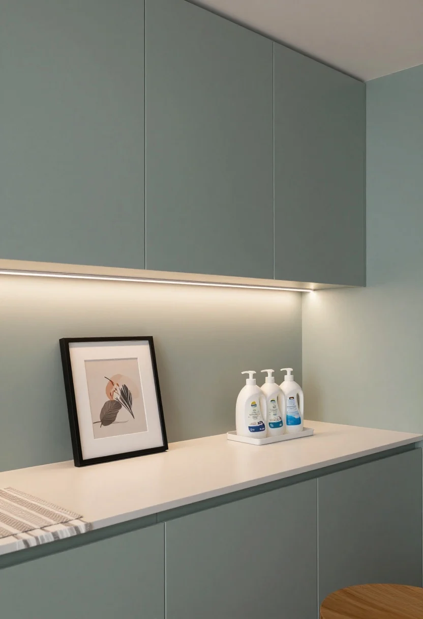 Photorealistic medium shot styled like a finished room: walls painted a soft gray-green with a subtle semi-gloss sheen; layered lighting with a flush-mount overhead fixture and a warm LED strip glowing under wall cabinets, illuminating the counter. A single low-profile framed art piece adds character, detergent and softener decanted into simple clear pump bottles on a small tray, and a washable runner with grip backing in a neutral pattern on the floor. Intentional, inviting mood that distracts from utility.
