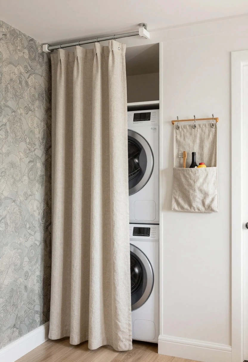 Photorealistic narrow laundry closet scene, renter-friendly solutions: a ceiling-mounted track with a tailored floor-to-ceiling curtain panel in thick linen concealing a stacked washer-dryer; removable patterned wallpaper on the back wall for polish; an over-door organizer for supplies; adhesive hooks and a peel-and-stick slim rail holding lightweight tools. Closeup/medium hybrid framing to show textures, with soft, even lighting and a clean, modern aesthetic.