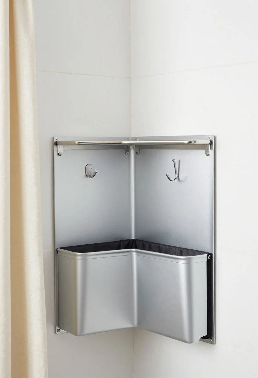 Photorealistic overhead detail shot of a tiny shower’s renter-friendly storage solutions grouped together: a tension corner caddy, a slim suction shelf, an over-door hook, and a pocketed liner sample edge—all aluminum/stainless/powder-coated to prevent rust. Include a small note of airflow: curtain slightly open to imply drying. Clean, bright tiles with minimal shadows, neat arrangement, no drilling hardware visible, emphasizing easy install and damage-free removal.