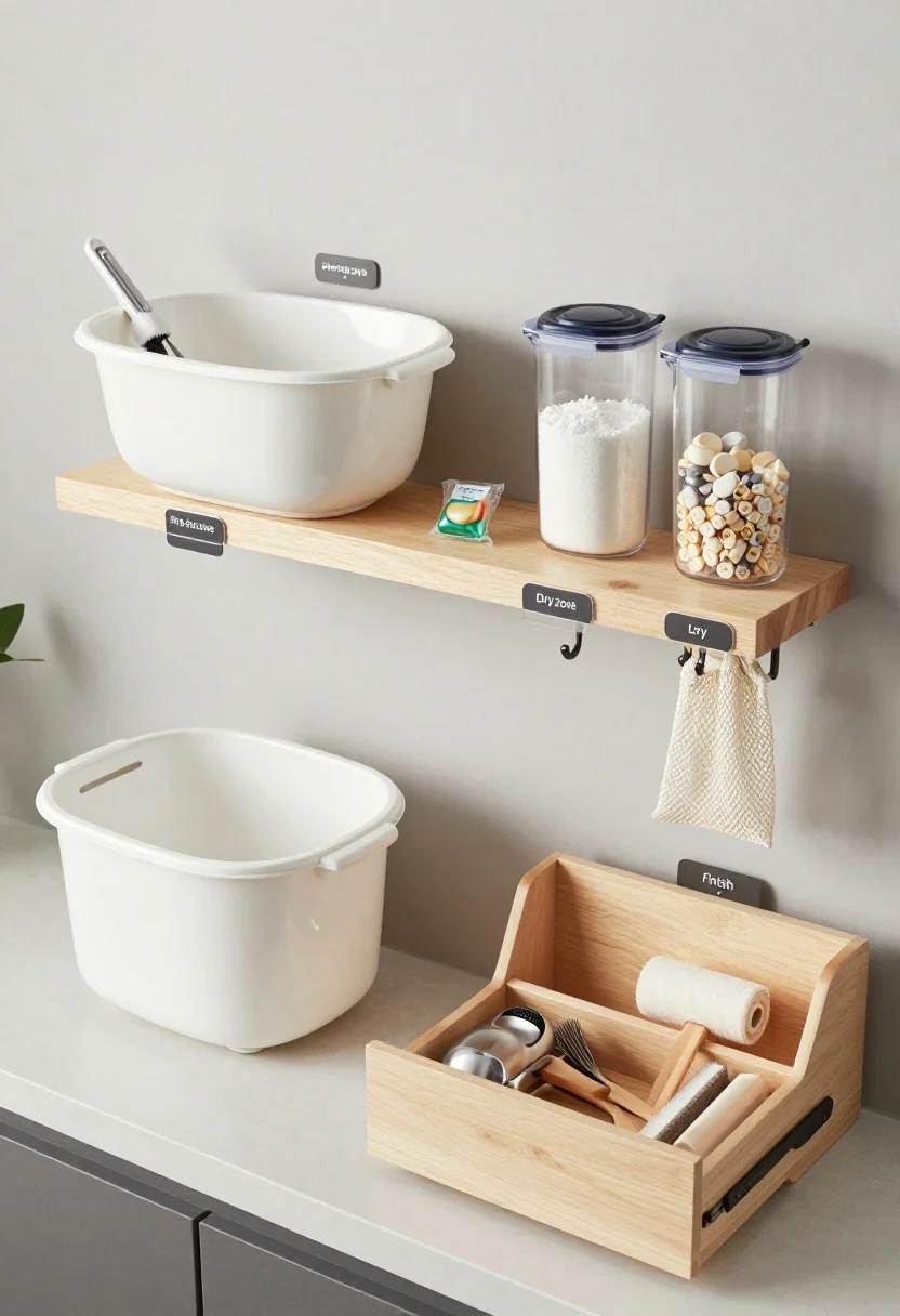 Photorealistic overhead detail shot of four micro-zones arranged on a compact counter and shelf: pre-treat zone with a small white soak bowl, scrub brush, and stain remover; wash zone with detergent pods and powder decanted into airtight, matching clear containers at eye level; dry zone with a petite countertop lint bin, a hook with a mesh bag, and a labeled jar for lost buttons; finish zone with a slim drawer open to reveal a steamer, fabric shaver, and lint roller. Understated matte black or clear labels with small text, tidy and intentional styling.