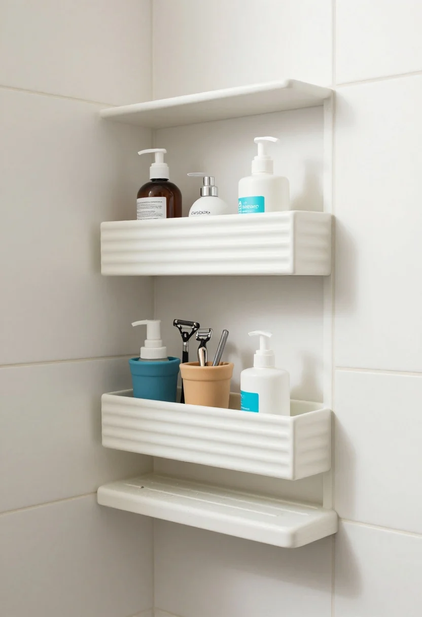 Photorealistic straight-on medium shot of a recessed shower niche and a slim suction ledge on a white tile wall. The niche has micro-ridged/slightly sloped shelves for drainage, stocked between shoulder and chest height with daily-use items; inside are small silicone bins corralling a razor and travel minis. The adjacent ultra-slim suction ledge runs along the wall without protruding into elbow room. Emphasize texture: subtly ridged shelf surface, clean grout lines, no deep corners. Soft natural light, minimal water pooling.