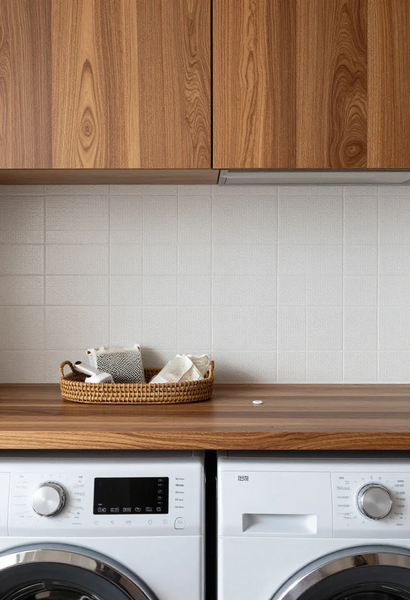 Photorealistic straight-on medium shot of a side-by-side washer and dryer topped with a continuous countertop. Feature a sealed butcher block surface (rich, warm grain) with a slim backsplash in peel-and-stick tile (matte white small-scale pattern) for splash protection. On the counter, a shallow metal or rattan tray corralling a lint roller, mesh laundry bags, and a single loose button. Moisture-resistant, easy-wipe look; soft, diffused light emphasizing the wood texture and clean edges.
