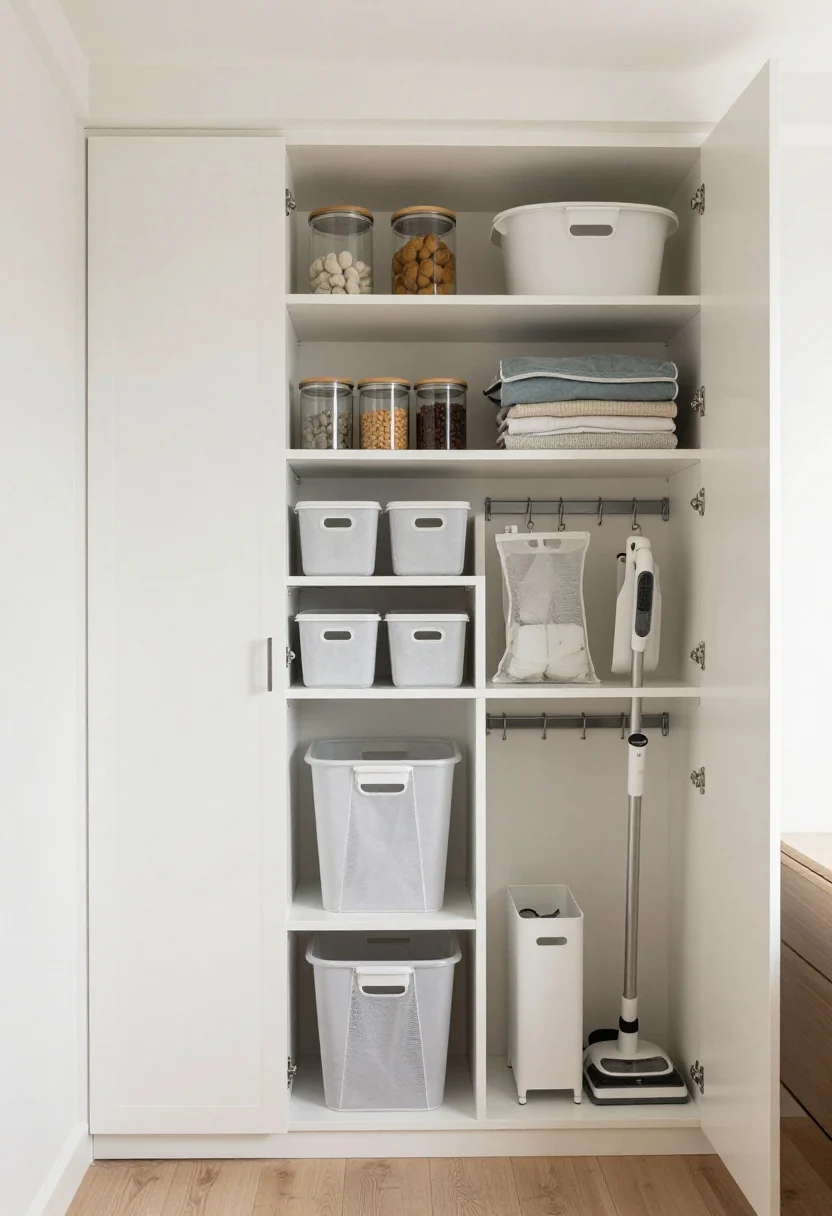Photorealistic straight-on medium shot of a tidy laundry wall with open-shelf organization and a 10-minute reset look: doors and cabinets closed, matching airtight canisters and labeled bins aligned, mesh bags on hooks, lint bin empty, and a steamer and fabric shaver stowed in a slim caddy. Subtle color discipline (whites, woods, one muted accent), semi-gloss paint reflecting gentle light; everything streamlined to “fake tidy” convincingly.
