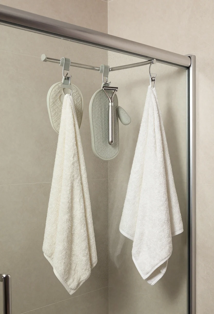 Photorealistic wide corner shot of a compact shower featuring an over-glass hook rail along the shower door edge. Silicone or powder-coated S-hooks hold flat exfoliating mitts, a quick-dry hair towel, and a dedicated spring clip securing a razor safely. Clear separation: body tools on one side, face cloths on the other. Light steam on glass, matte finishes, neutral palette. Emphasize vertical organization, fast-dry textiles, and mildew-free vibe under bright, even bathroom lighting.