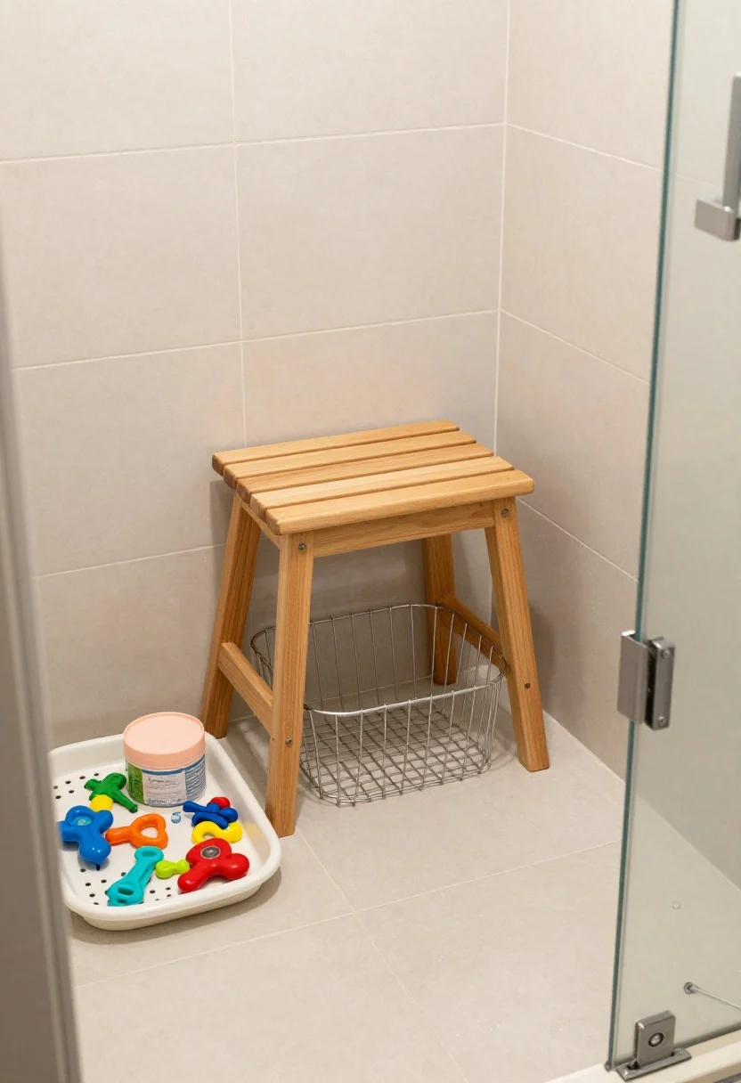 Photorealistic wide floor-level angle of a small shower stall showcasing drain-safe floor storage: a teak quick-dry stool with slatted seat and an elevated, footed wire basket that allows water to pass through. In the far corner, a low-profile tray with drain holes corrals kids’ bath toys and an oversized hair mask jar. Emphasize “footed is best” with visible clearance under pieces; clean grout, gentle water sheen on tile, compact scale leaving clear step-through space.