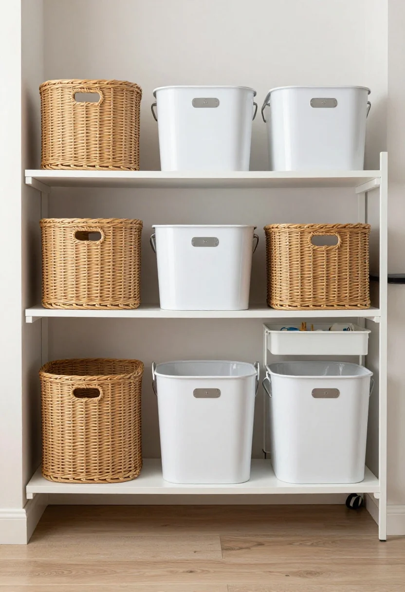 Photorealistic wide shot of a compact laundry space showcasing containers that work hard: stackable lidded baskets in rattan paired with white enamel bins (two to three materials max) lined on open shelving, collapsible soft-sided totes tucked neatly, and a slim rolling cart between the machines holding detergents and clothespins. Three hampers labeled for lights, darks, and delicates, following a tight color palette of whites, natural woods, and one muted accent tone. Calm, cohesive styling under soft, even lighting.