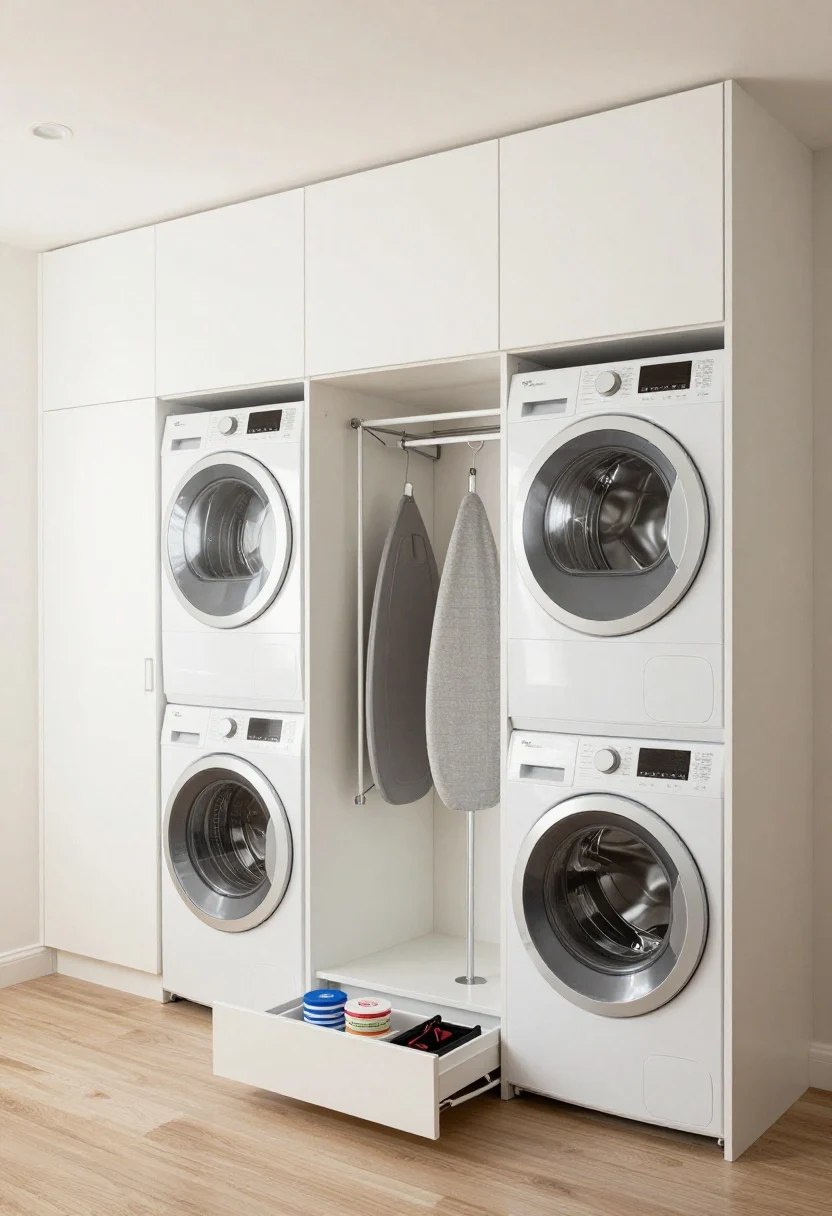 Photorealistic wide shot of a compact laundry wall with full-height, color-matched cabinets in warm white semi-gloss, spanning from floor to ceiling around side-by-side machines. Include shallow upper cabinets (10–12 inches deep) above the appliances, a tall cabinet with slim vertical dividers neatly storing an ironing board, folding drying rack, and cutting boards upright, plus a base cabinet drawer with a pull-out tray holding stain sticks, dryer sheets, and a small sewing kit. Bright, even task lighting; seamless built-in vibe with minimal hardware.