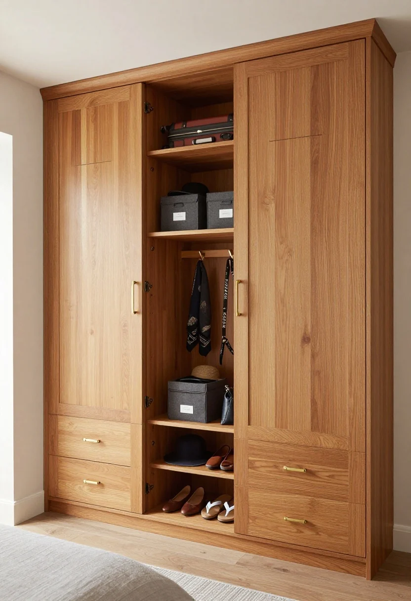 Wide corner angle of a bedroom/entry showing two tall corner wardrobe towers meeting at 90 degrees to mimic built-ins, unified in a single color family (either warm wood grain or crisp white) with brass pulls; include mixed doors and open cubbies displaying hats and bags, a bridge shelf across the top holding labeled fabric bins and a carry-on suitcase, toe-kick drawers for flats and flip-flops slightly open, and a few hooks mounted on the inner faces for scarves and a dog leash; natural daylight and clean baseboards, anti-tip straps discreetly visible if zoomed in