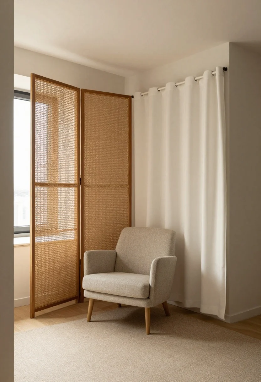 Wide corner shot: A tiny apartment’s forgotten corner transformed into a defined “reading only” micro-zone; slim low-pile runner in muted oatmeal grounding the space, a compact armless chair floated at a slight angle, a folding screen with natural woven texture partially enclosing the nook, and a tension rod with a soft off-white fabric panel subtly separating it from the hallway. Include an unused corner by a window ledge, soft warm daylight, and clear visual borders that make the nook feel intentional; no people, photorealistic.