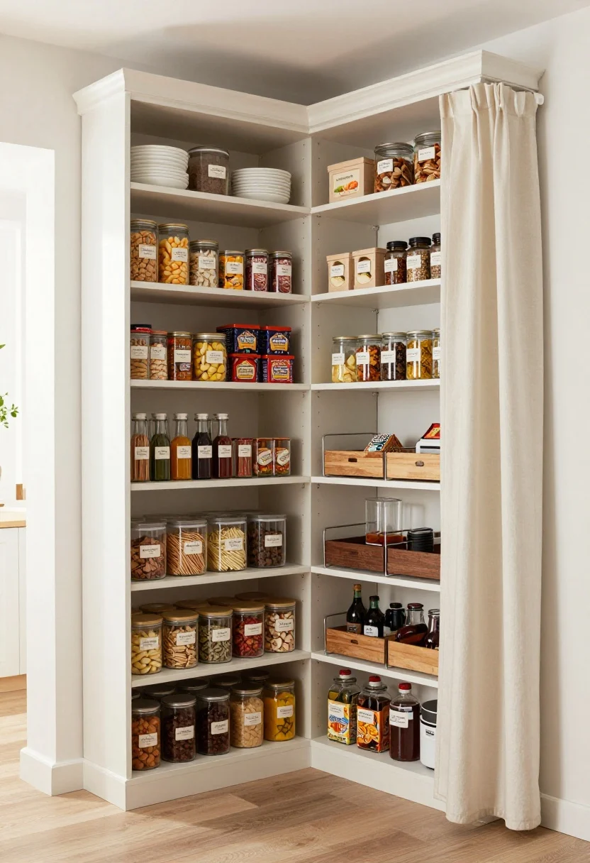 Wide kitchen/studio corner shot of a tall corner shelving unit styled as a faux pantry: zones clearly arranged—breakfast items up top, snacks mid-level, dinner staples lower, and small appliances on the bottom shelf; uniform clear bins and glass canisters with neat labels, a Lazy Susan turntable making oils and sauces accessible; option A shows open storage utility-chic with a metal rack and wood trays, option B shows a tailored corner cabinet curtain on a tension rod in a clean fabric panel; bright, even daylight, crisp labels, organized yet lived-in feel