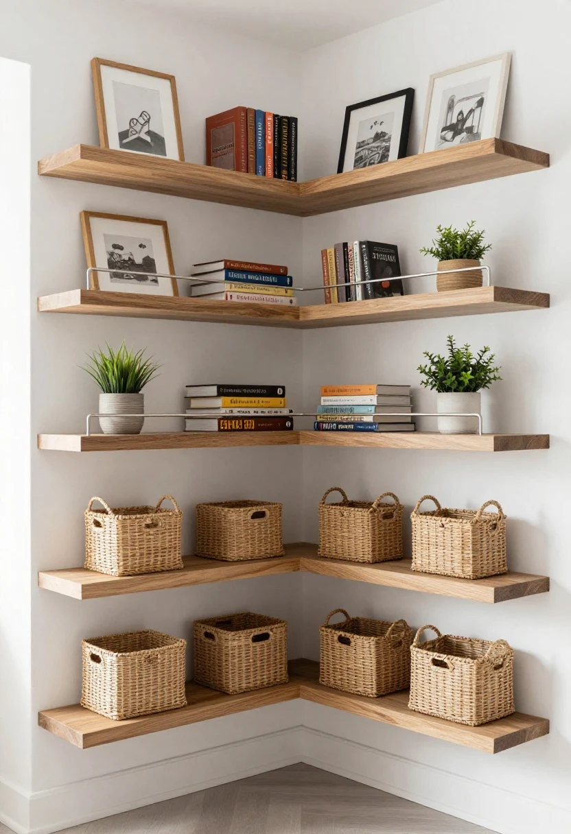 Wide, straight-on view of built-in-looking corner shelves wrapping an interior 90-degree wall in an L-shape, with staggered depths: deeper lower shelves holding woven baskets and board games, shallower upper shelves styled with framed art, cookbooks behind a slim ledge rail, and small plants; options show either wall-color-matched paint for seamless effect or a high-contrast finish; include floating shelf hardware subtly hidden, clean white walls, soft natural daylight from the side, photorealistic textures of wood grain, matte paint, and basket weave