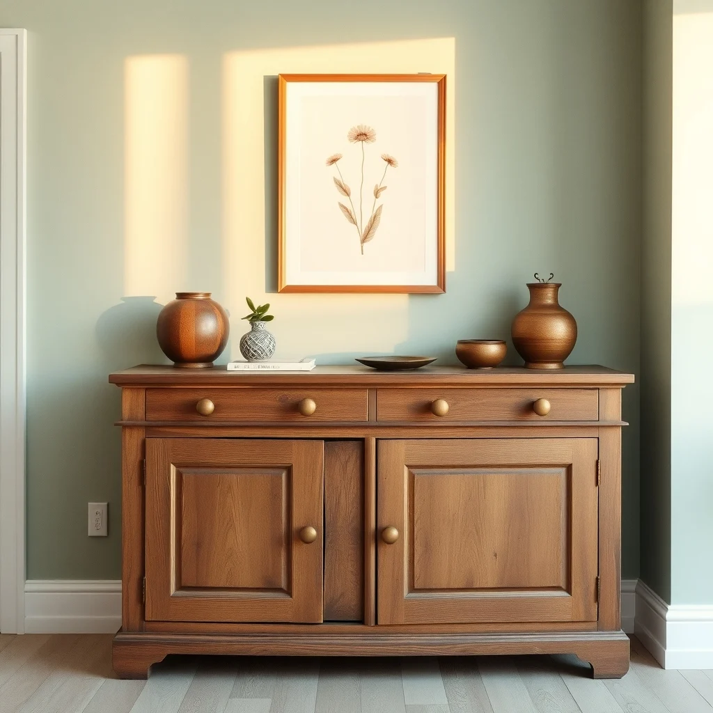 A reclaimed oak sideboard with weathered patina stands against a soft sage wall illuminated by warm morning light vintage brass knobs glint while a single abstract botanical print hangs above