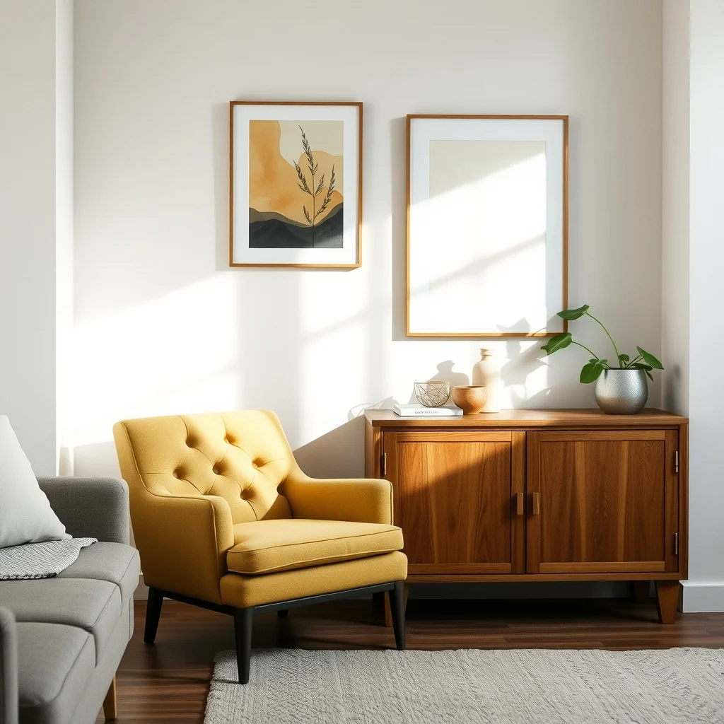 A tufted linen armchair in muted mustard rests beside the oak sideboard low profile settee nearby diffused daylight streams