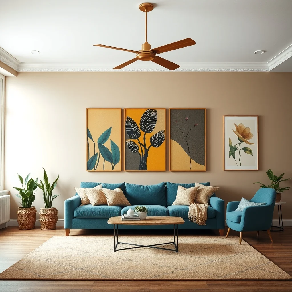 A wide living room view of a warm greige statement wall adorned with large African print panels a plush teal sofa beneath soft brushed brass ceiling light earthy floor rug minimal clutter