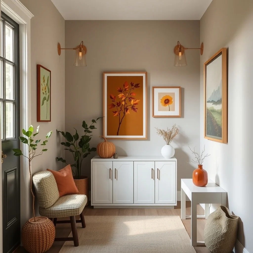 Affordable Fall Entryway Decor Ideas for a Warm First Impression interior: 2. Introduce a Small Gallery of Autumn‑Inspired Artwork - Empty walls can feel stark, especially in narrow foyers. A curated trio of framed prints—perhaps a leaf‑filled branch, a harvest‑colored still life, and a subtle abstract in amber—creates depth without overcrowding. Choose lightweight frames with
