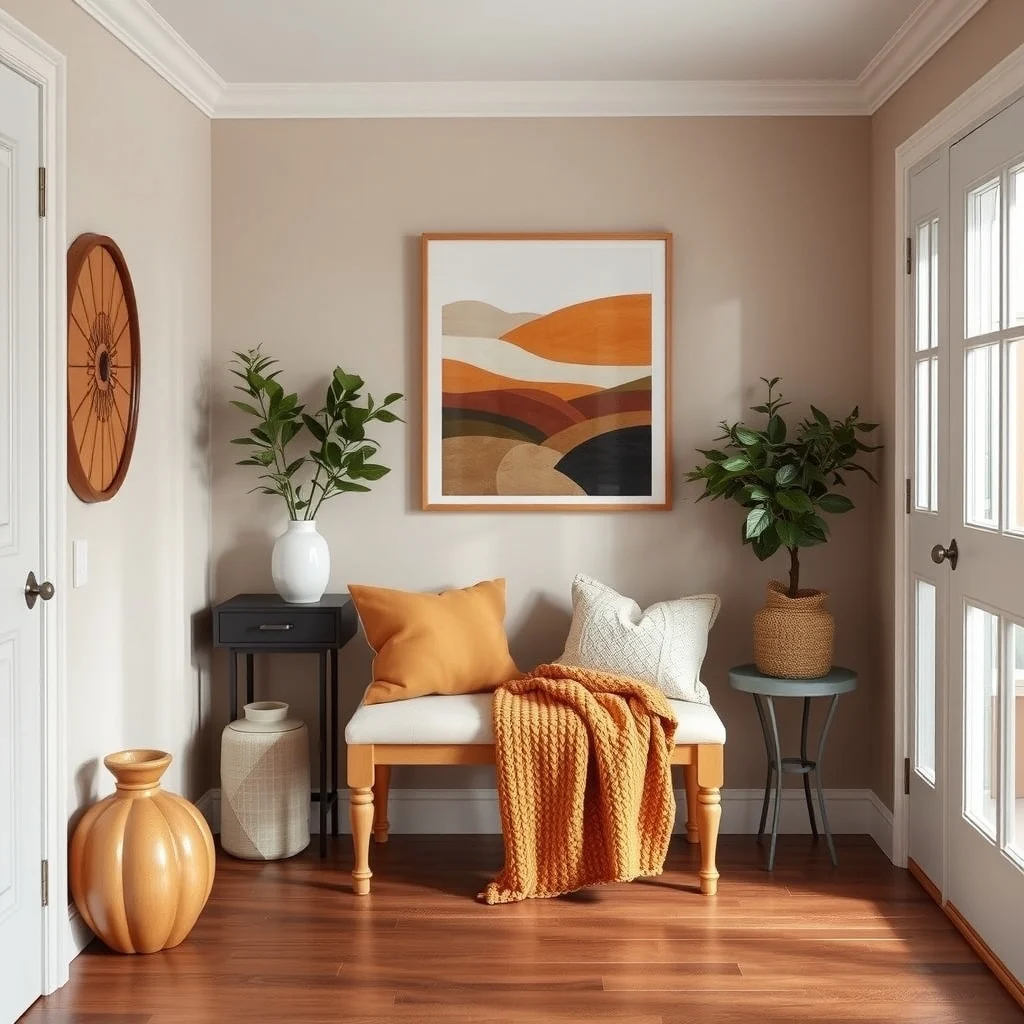 Affordable Fall Entryway Decor Ideas for a Warm First Impression interior: 3. Add Warmth with a Textured Throw Blanket on a Bench - If your entry includes a bench or a narrow console, drape a chunky knit or boucle throw across the seat. A blanket in a shade of burnt orange or soft olive adds tactile interest and