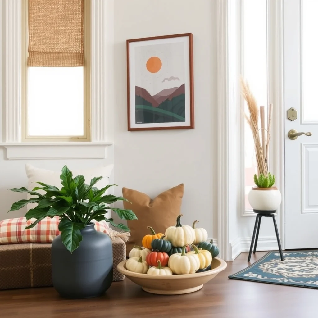 Affordable Fall Entryway Decor Ideas for a Warm First Impression interior: 4. Incorporate Natural Elements with a Mini Pumpkin Arrangement - A handful of small pumpkins—think 4‑inch varieties in shades of cream, ochre, and deep teal—can be arranged on a low tray or shallow bowl near the door. Their organic forms echo the autumn landscape while