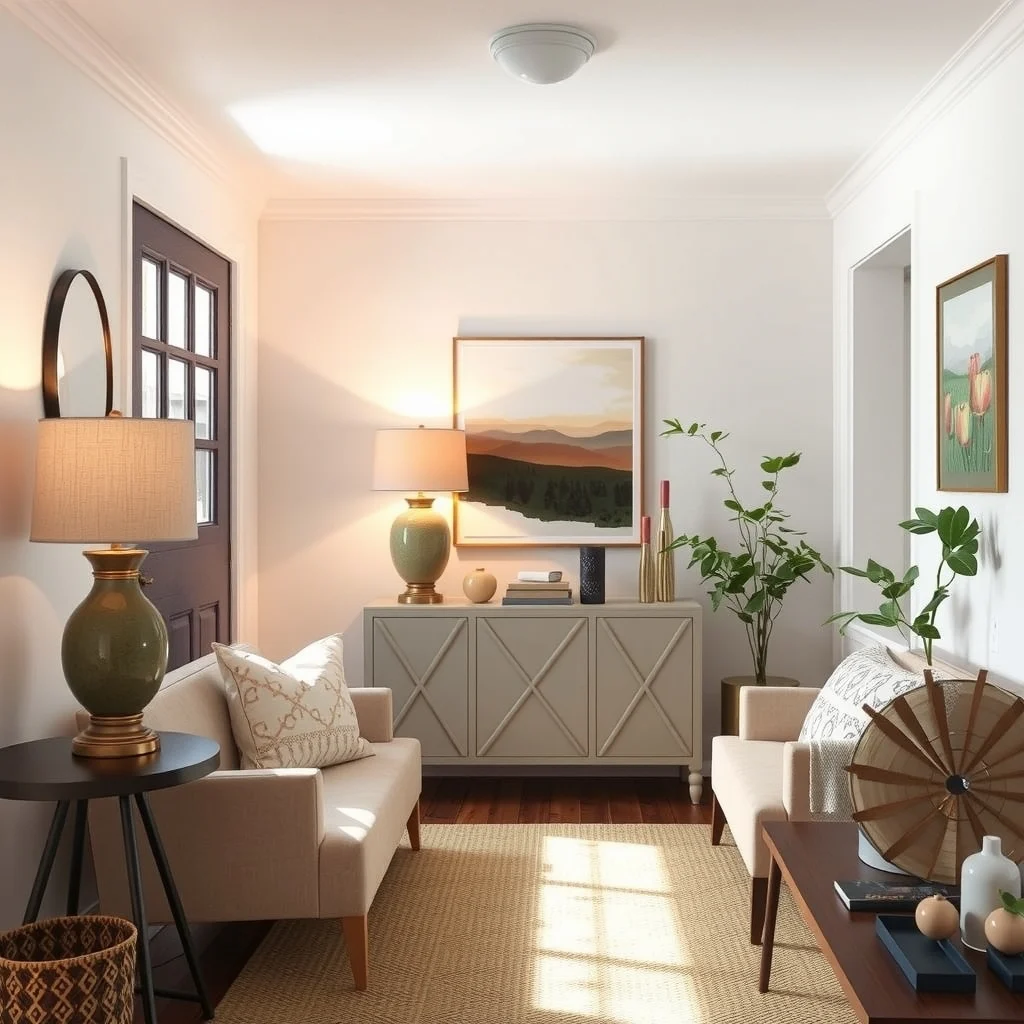 Affordable Fall Entryway Decor Ideas for a Warm First Impression interior: 5. Upgrade Lighting with a Soft, Warm‑Toned Table Lamp - Overhead fixtures often dominate an entryway, but a small table lamp placed on a console can soften the space and highlight decorative accents. Opt for a lamp with a fabric shade in a neutral tone;