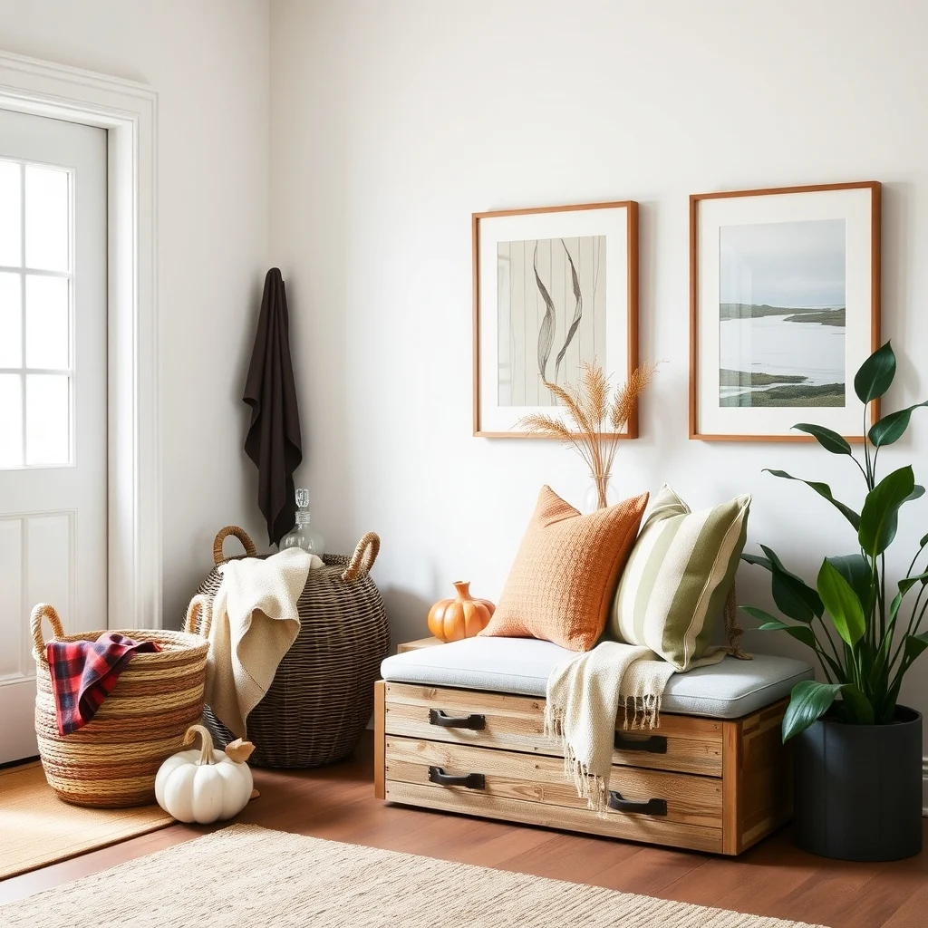 Affordable Fall Entryway Decor Ideas for a Warm First Impression interior: 6. Create Storage That Doubles as Seasonal Display - A narrow wicker basket or a set of stackable wooden crates can house umbrellas, gloves, and scarves while also serving as a platform for decorative items. Choose containers with open fronts so you can slide