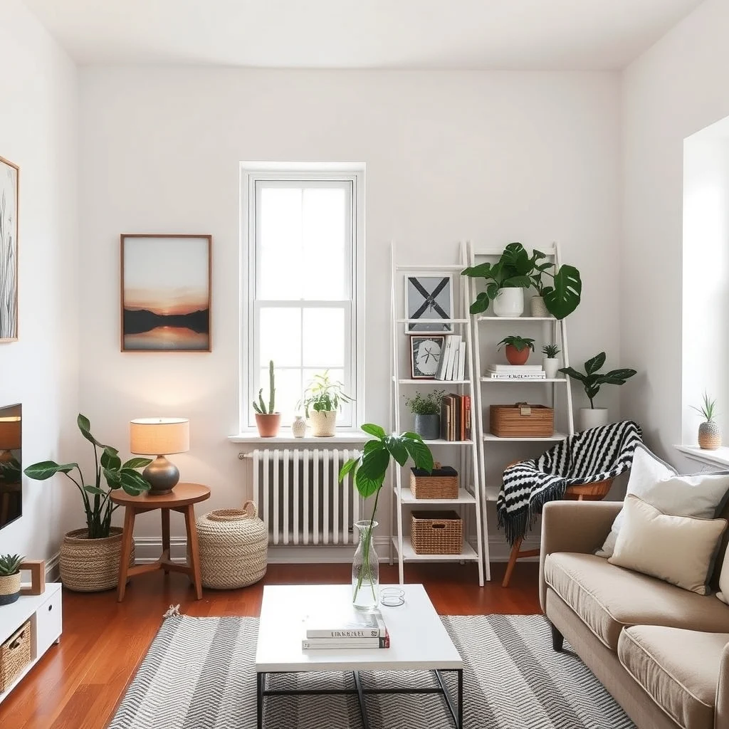 Apartment Decorating Ideas That Help You Get Your Security Deposit Back interior: 4. Add functional storage that doubles as décor - Clutter is the enemy of a clean‑looking apartment, yet built‑in closets are often limited. Introducing a freestanding ladder shelf painted in a matte white provides a place for books, plants, and decorative boxes while keeping