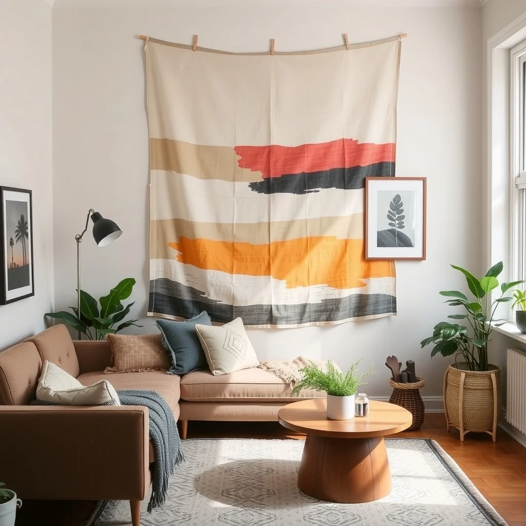 Apartment Decorating Ideas That Help You Get Your Security Deposit Back interior: 6. Use removable wall décor to personalize space - Artwork, fabric panels, or peel‑and‑stick wallpaper allow you to inject personality without committing to permanent changes. A large fabric tapestry hung with command strips adds color and texture while protecting the wall underneath from scratches