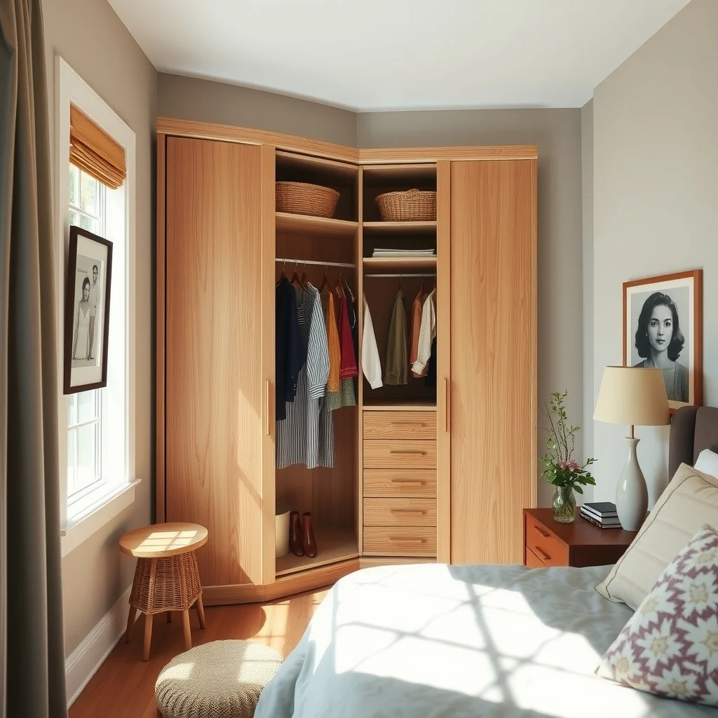 Awkward Corner Ideas That Add Storage and Style to Any Room interior: 5. Tall corner wardrobe or armoire - A tall armoire that occupies the corner can extend from floor to ceiling, freeing up wall space in bedrooms with limited square footage. Sliding doors save floor space while providing hanging rods, shelves, and drawers.
