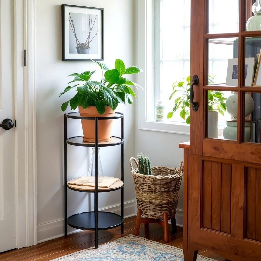Awkward Corner Ideas That Add Storage and Style to Any Room interior: 6. Corner plant stand with concealed basket - A tiered plant stand can turn a small corner into a green retreat while hiding gardening tools. Choose a stand made of reclaimed pine with a black powder‑coated metal frame, each level offset slightly to