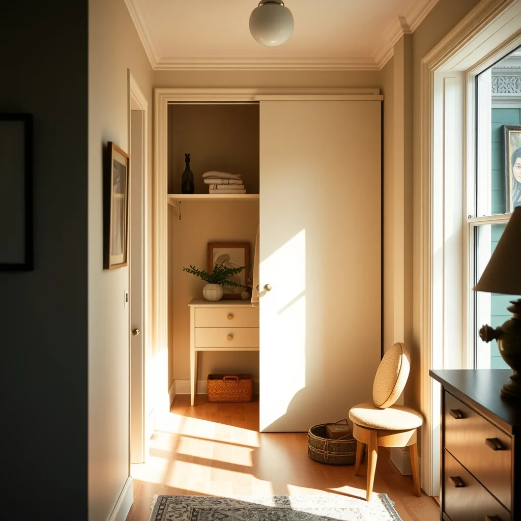 Awkward Corner Ideas That Add Storage and Style to Any Room interior: 7. Custom corner closet with sliding doors - When a hallway or alcove forms an awkward angle, a custom‑built closet can turn the space into a sleek storage solution. Sliding doors eliminate the clearance needed for hinged doors, making the closet ideal for