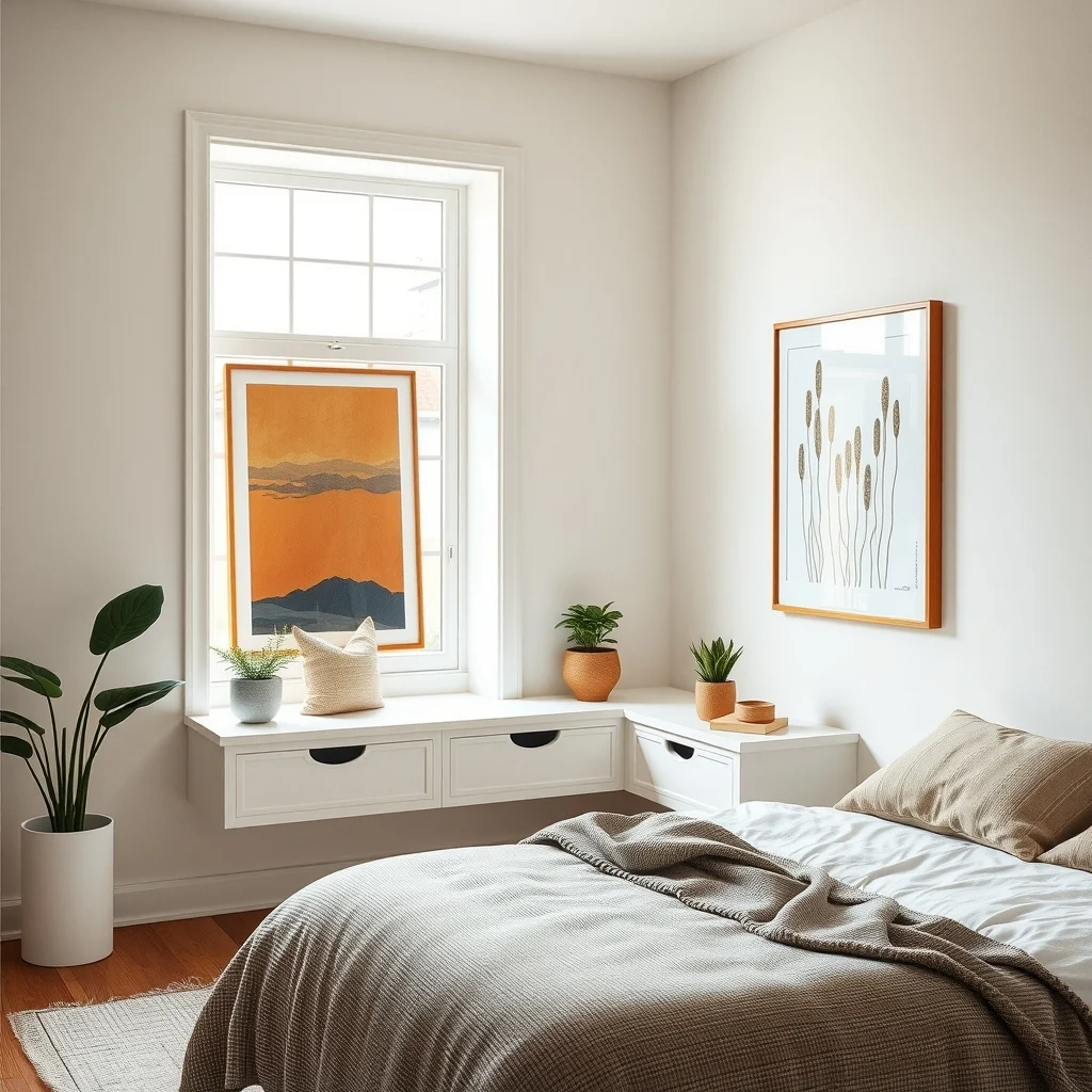 Bedroom Window Seat Ideas for a Cozy Reading and Relaxation Spot interior: 2. Floating Seat with Concealed Drawers - If your bedroom feels cramped, a floating window seat offers a sense of lightness while still providing a place to sit. The frame is suspended from the wall using hidden brackets, leaving the floor clear