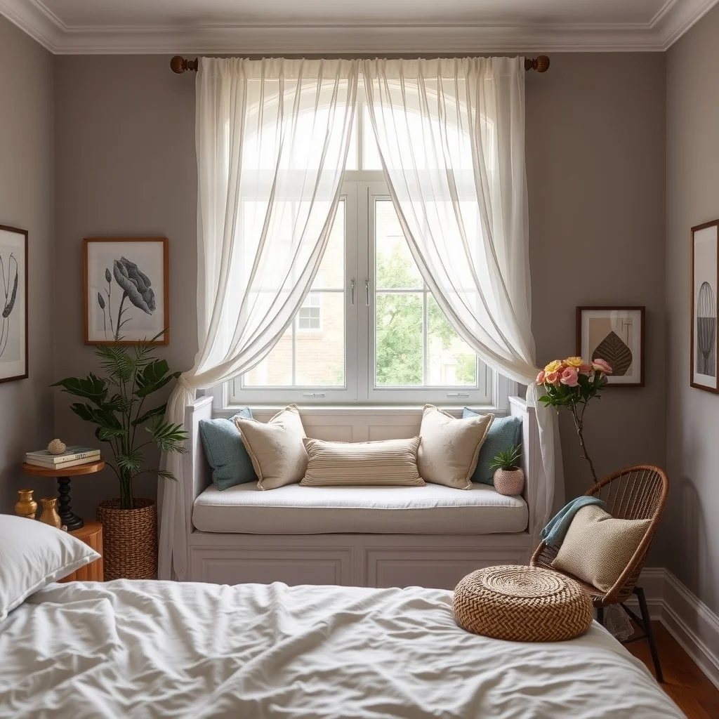 Bedroom Window Seat Ideas for a Cozy Reading and Relaxation Spot interior: 3. Upholstered Nook with a Light Canopy - For a more romantic feel, drape a lightweight canopy over a cushioned window nook. Start with a simple wooden frame that follows the window’s shape, then upholster the seat in a soft, muted fabric such