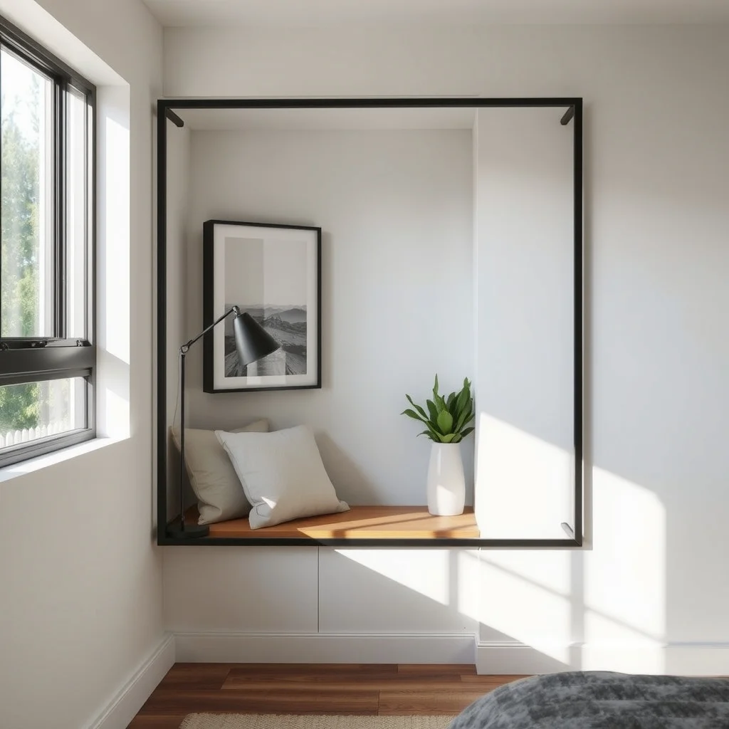 Bedroom Window Seat Ideas for a Cozy Reading and Relaxation Spot interior: 5. Minimal Metal Frame Seat with a Reading Lamp - A sleek metal frame, finished in matte black or brushed steel, offers a contemporary alternative that doesn’t dominate the room. The seat itself consists of a thin wooden or upholstered slab attached to the frame,
