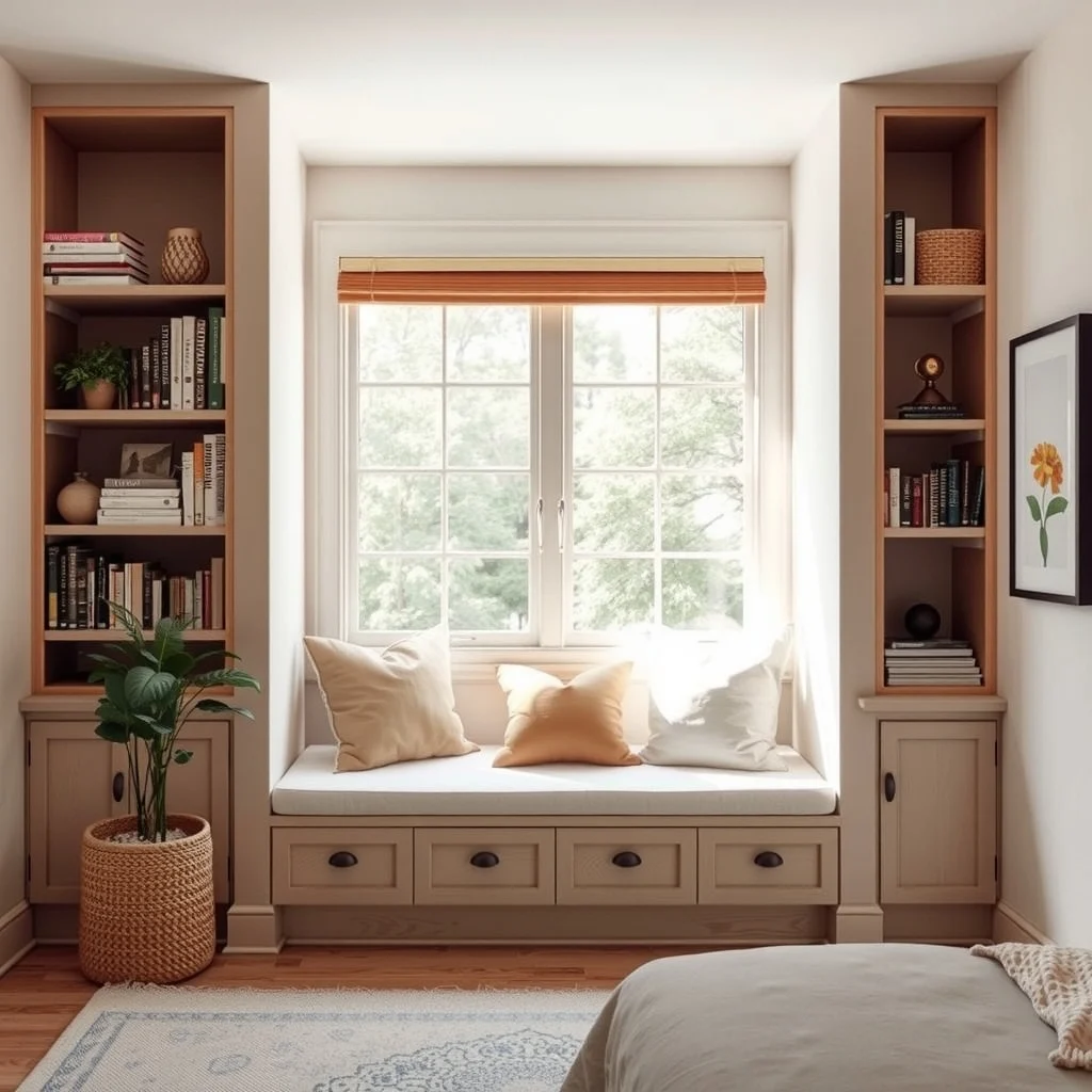 Bedroom Window Seat Ideas for a Cozy Reading and Relaxation Spot interior: 6. Window Seat Integrated with Built‑In Bookshelves - For the avid reader, merging the seat with surrounding bookshelves creates an all‑in‑one library nook. Build low shelves on either side of the window, extending the height to just above the seat’s backrest. This arrangement
