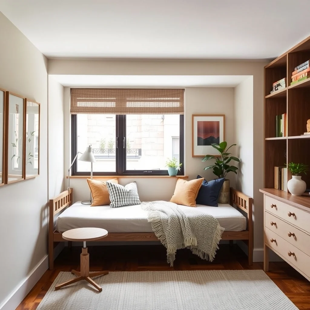 Bedroom Window Seat Ideas for a Cozy Reading and Relaxation Spot interior: 7. Adaptable Daybed That Folds Into a Window Seat - When space is at a premium, a daybed that folds down into a window seat offers flexibility without sacrificing comfort. The frame pivots on a central hinge, allowing the mattress to lay flat for daytime