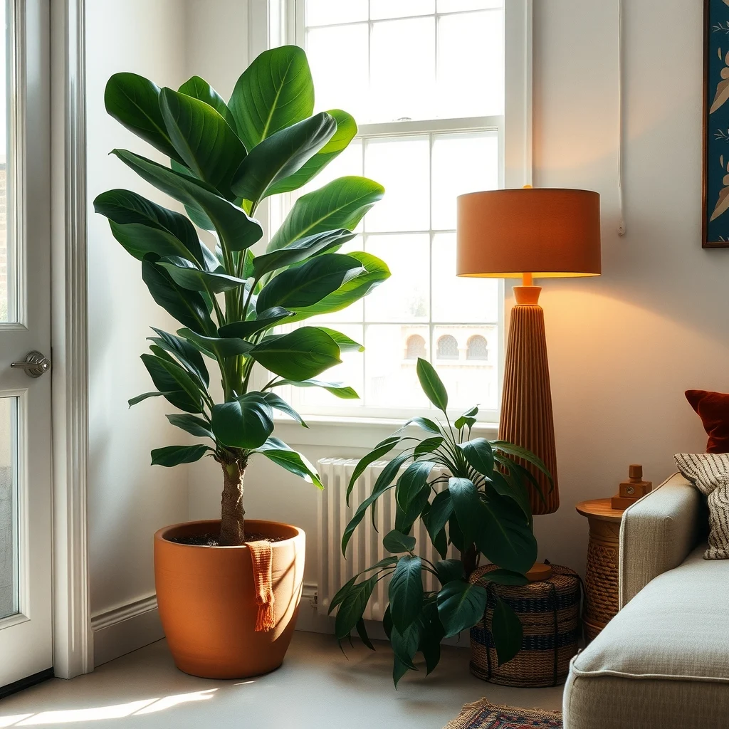 Boho chic corner featuring a towering fiddle leaf fig in a matte terracotta pot positioned beside a light concrete floor warm amber lamp glow highlights the plant s glossy leaves emphasizing verticality