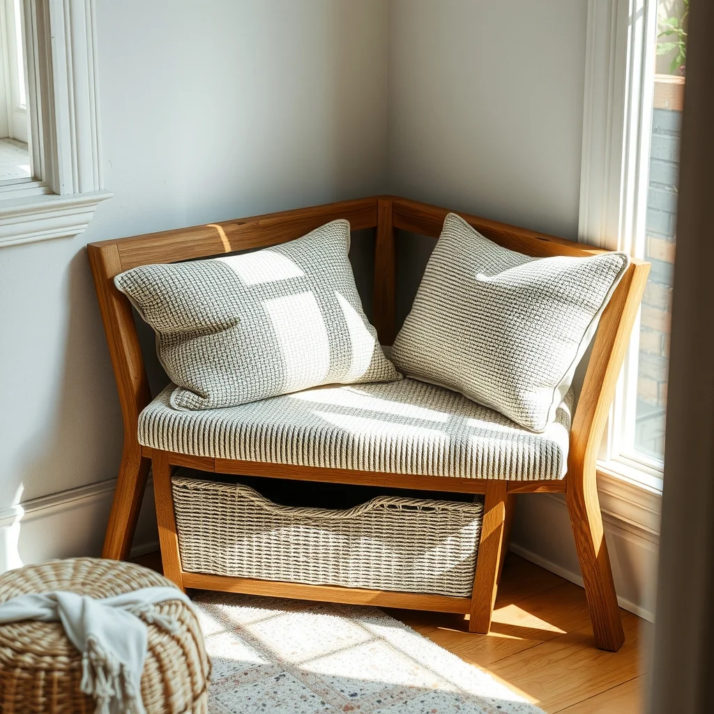 Boho chic triangular bench snug in right angle corner kiln dried oak frame woven cotton blend ivory fabric subtle storage pull natural daylight from window close up on texture and seam