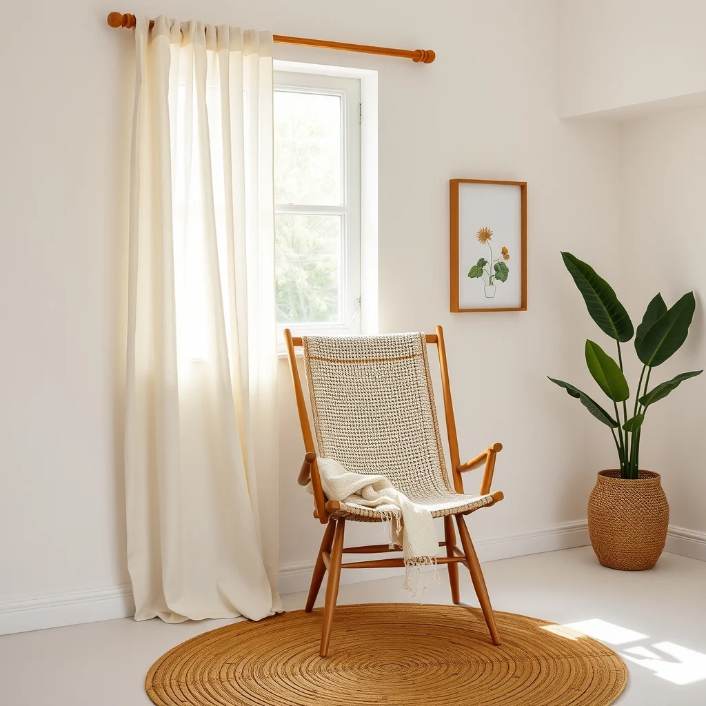 Boho vignette shows linen curtain framing window woven ivory throw draped over back of a minimalist chair bamboo rug underfoot warm amber light enhances texture