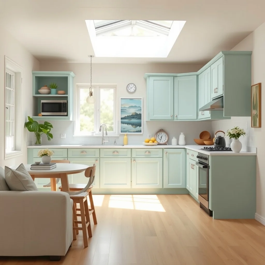 Bright coastal kitchen cabinets freshly painted pastel sea foam using refacing kit white shaker doors brushed nickel handles light wood floor daylight streaming through skylight wide shot showing seamless finish