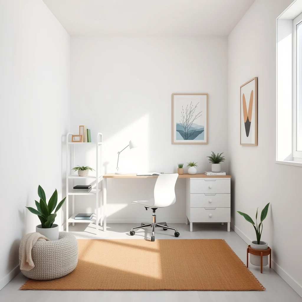Bright compact office with white walls low-profile natural fiber rug vertical white shelving glass desk and a floating LED light bar floor remains clear eye drawn upward