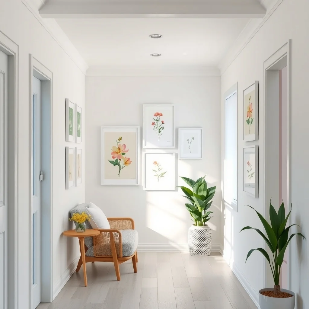 Bright hallway gallery wall eight uniform white 8 10 frames arranged in a symmetrical grid each containing abstract pastel botanical prints soft overhead LED lighting highlighting the arrangement